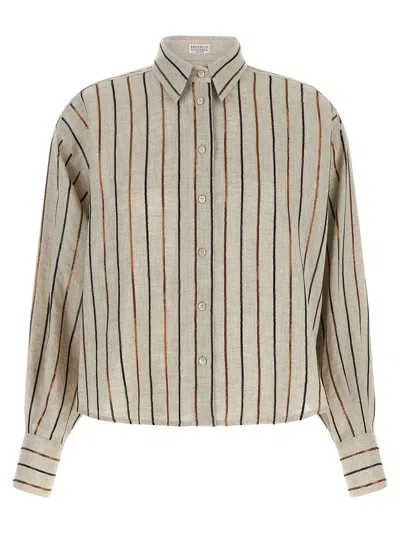 Brunello Cucinelli Sequin Stripe Linen Shirt In Beige