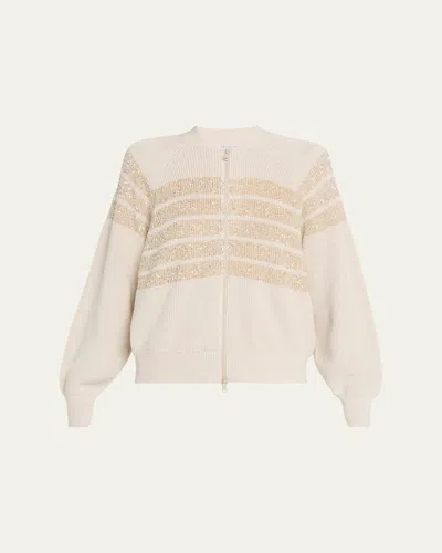 Brunello Cucinelli Sequin Striped Cotton Knit Zip-up Cardigan In Sand