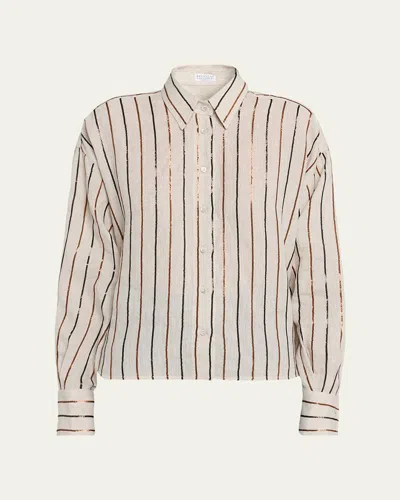 Brunello Cucinelli Sequin Striped Linen Shirt In Neutral