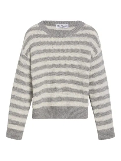 Brunello Cucinelli Kids' Sequin-striped Sweater In Gray