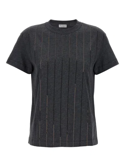 Brunello Cucinelli Dazzling Chalk Stripe Embroidery T-shirt In Gray