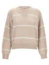 Brunello Cucinelli Horizontal Sequins Stripe Sweater In Beige