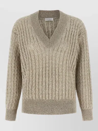 Brunello Cucinelli Sequin Sweater Cable Knit V Neck In Green