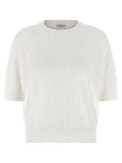 Brunello Cucinelli Sequin Knit Sweater Crew Neck Short Sleeves In White