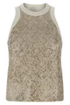 Brunello Cucinelli Stretch Cotton Jersey Top With Dazzling Net Embroidery In Neutral