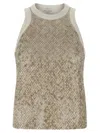 Brunello Cucinelli Stretch Cotton Jersey Top With Dazzling Net Embroidery In Beige