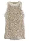Brunello Cucinelli Stretch Cotton Jersey Top With Dazzling Net Embroidery In Light Beige
