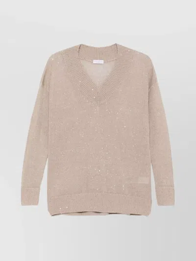 Brunello Cucinelli Sequin V-neck Sweater Blend Silk Linen In Multicolor