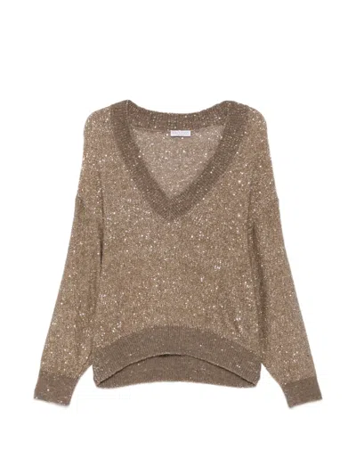 Brunello Cucinelli Sequin V-neck Sweater In Brown