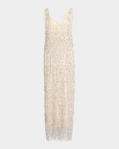Brunello Cucinelli Sequin Waterfall Crispy Silk Maxi Dress In C2869 Pearl