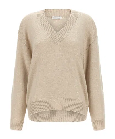 Brunello Cucinelli Sequin-appliqué V-neck Sweater In Brown