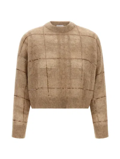 Brunello Cucinelli Sequin Check Mohair Wool Crew Sweater In Brown
