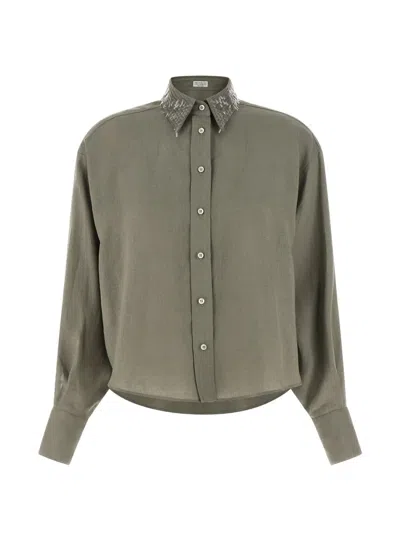 Brunello Cucinelli Shirt Long Sleeves Sequin Decorated Collar Curved In Gray