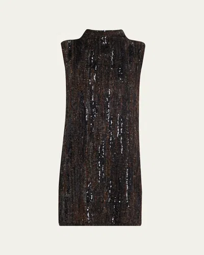 Brunello Cucinelli Sequined Boucle Knit Sleeveless Mini Dress In Brown