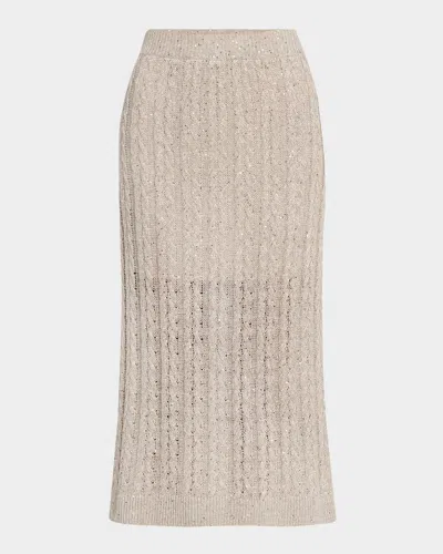 Brunello Cucinelli Sequined Cable Knit Body-con Midi Skirt In Beige Freddo