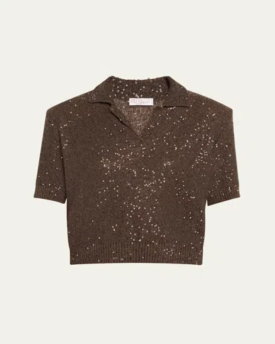 Brunello Cucinelli Sequined Cashmere Cropped Polo Sweater In Chocolate