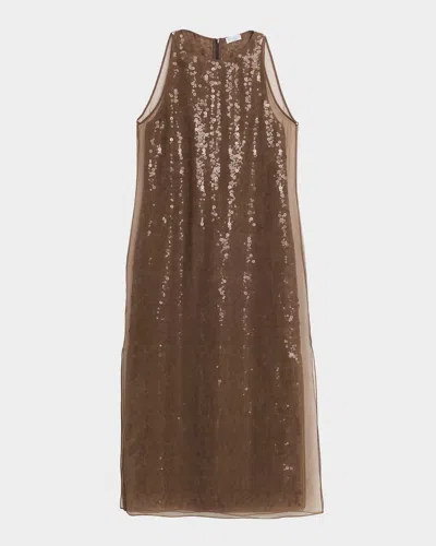 Brunello Cucinelli Sequined Crispy Silk Chiffon Layered Midi Dress In Brown
