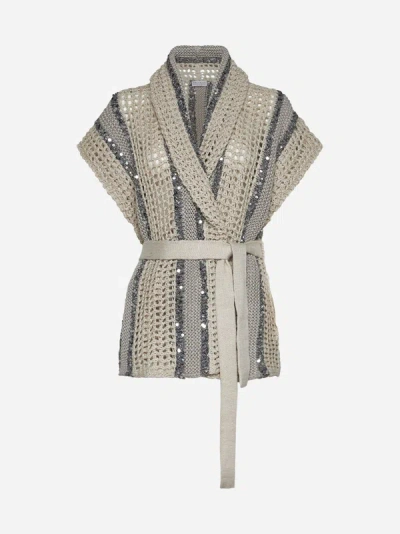 Brunello Cucinelli Open-knit Long Net Cardigan With Paillette Detail In Beige