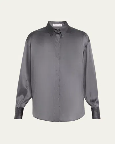 BRUNELLO CUCINELLI SEQUINED CUFF SATIN BLOUSE