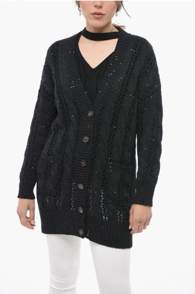 Brunello Cucinelli Sequined Flax Blend Crochet Cardigan In Black