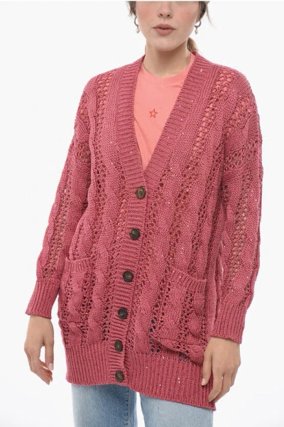 Brunello Cucinelli Sequined Flax Blend Crochet Cardigan In Pink