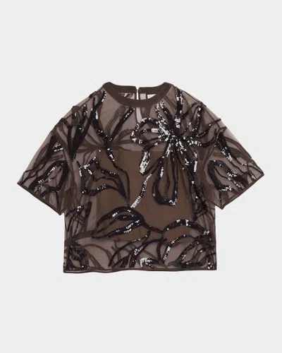 Brunello Cucinelli Sequined Floral Crispy Silk Chiffon Short-sleeve Blouse In Brown