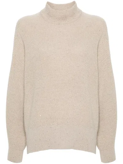 Brunello Cucinelli Women's Wool And Cashmere Rib Sweater With Sequins In Beige