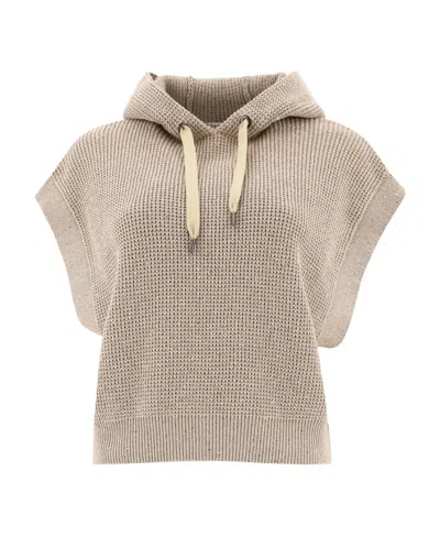Brunello Cucinelli Sequined Hooded Vest In Beige