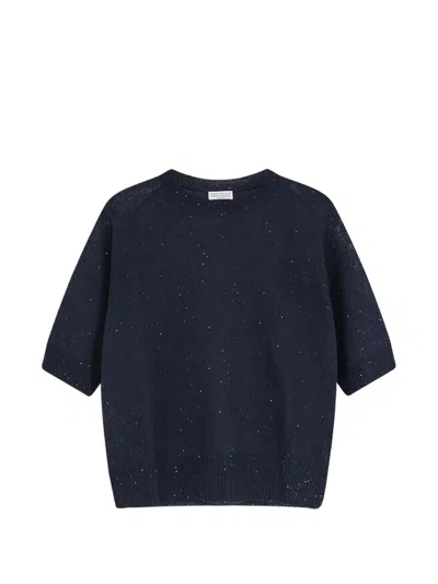 Brunello Cucinelli Sequined Knitted T-shirt In Blue