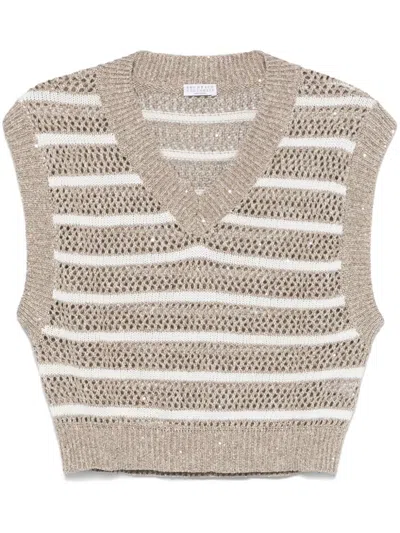 Brunello Cucinelli Sequined Knitted Vest In Nude