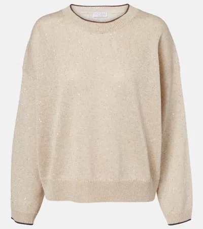 Brunello Cucinelli Sequined Linen-blend Sweater In Nude