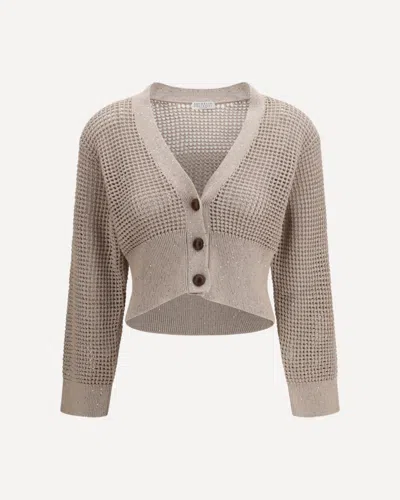 Brunello Cucinelli Sequin-embellished Open-knit Cotton-blend Cardigan In Neutral