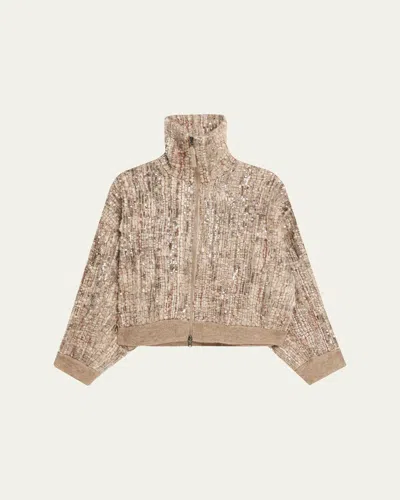 Brunello Cucinelli Sequined Mohair Cardigan In Brown