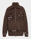 Brunello Cucinelli Sequined Net Stitch Cashmere Zip Cardigan In Brown