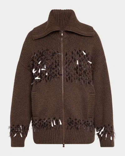 Brunello Cucinelli Sequined Net Stitch Cashmere Zip Cardigan In Brown