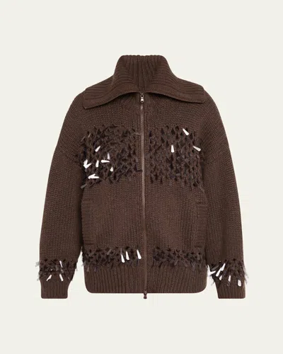 Brunello Cucinelli Sequined Net Stitch Cashmere Zip Cardigan In Brown