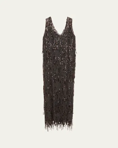 Brunello Cucinelli Sequined Net V-neck Opera Dress In Chocolate