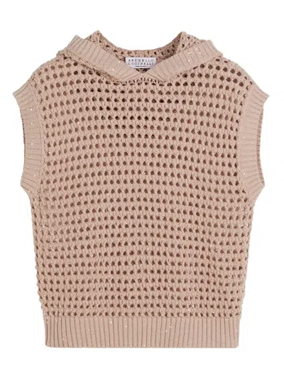 Brunello Cucinelli Kids' Sequined Open-knit Hooded Vest In Pink