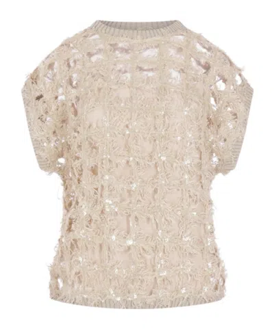 Brunello Cucinelli Sequined Open-knitted Jumper In Brown