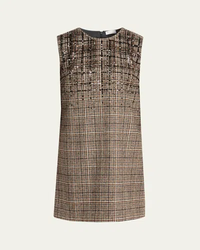 Brunello Cucinelli Sequined Plaid Jacquard Sleeveless Dress In Brown