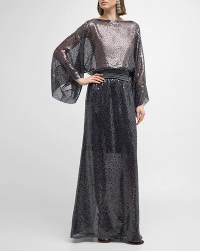 Brunello Cucinelli Sequined Silk Long-sleeve Elastic Waist Gown In Metallic