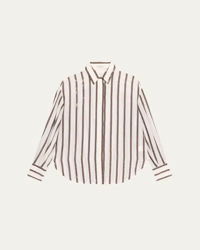 BRUNELLO CUCINELLI SEQUINED STRIPE BUTTON DOWN GAUZE BLOUSE