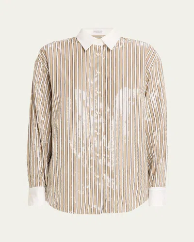 Brunello Cucinelli Sequined Striped Cotton Button-down Shirt In Brown