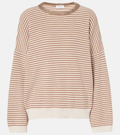 Brunello Cucinelli Sequined Striped Cotton Sweater In Brown