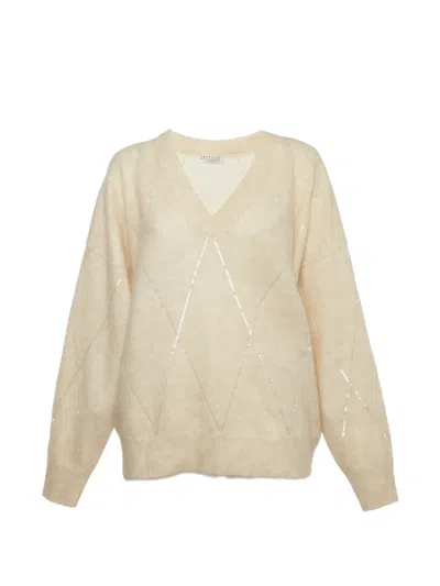 Pre-owned Brunello Cucinelli Sequin-embellished Argyle Sweater In Neutral