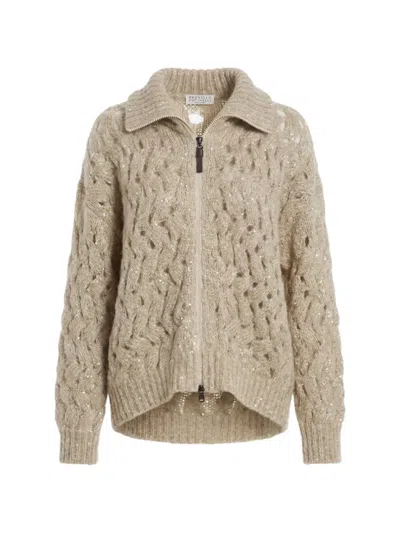 Brunello Cucinelli Sequin-embellished Cable-knit Cardigan In Brown