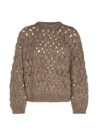 Brunello Cucinelli Sequin-embellished Cable-knit Sweater In Brown