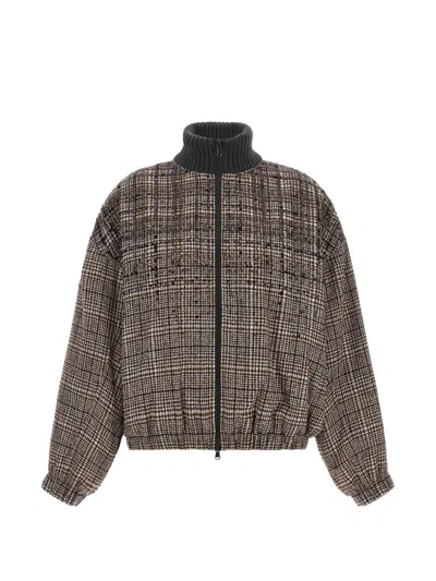 Brunello Cucinelli Padded Houndstooth Alpaca-blend Bomber Jacket In Brown
