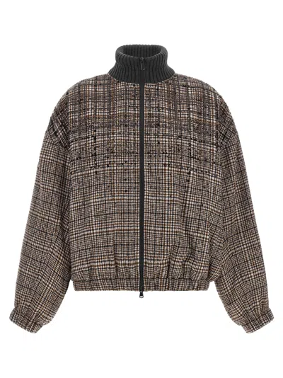 Brunello Cucinelli Sequin-embellished Check Bomber Jacket In Brown