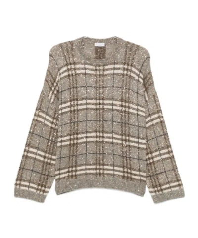 Brunello Cucinelli Sequin-embellished Checked Sweater In Nude
